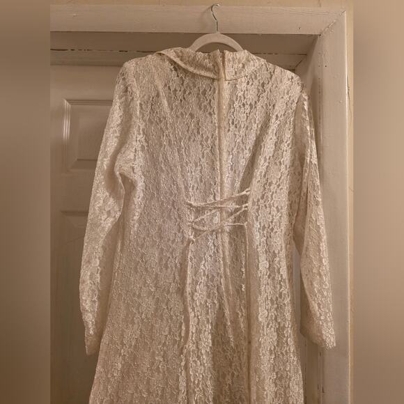 Vtg 80s Elegant Ivory Lace Button-Down Maxi Dress Sheer W/Slip Dress Bridal - Picture 12 of 15